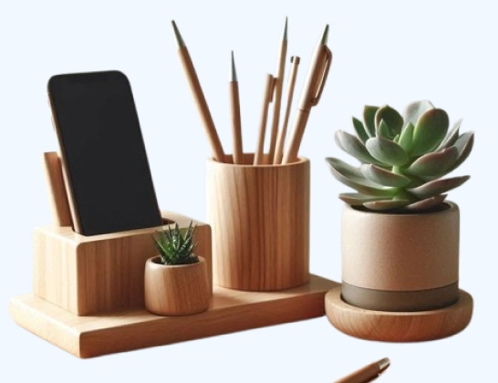 Eco-friendly wooden and bamboo corporate gifts with phone stand and pen holder for sustainable bulk gifting in India